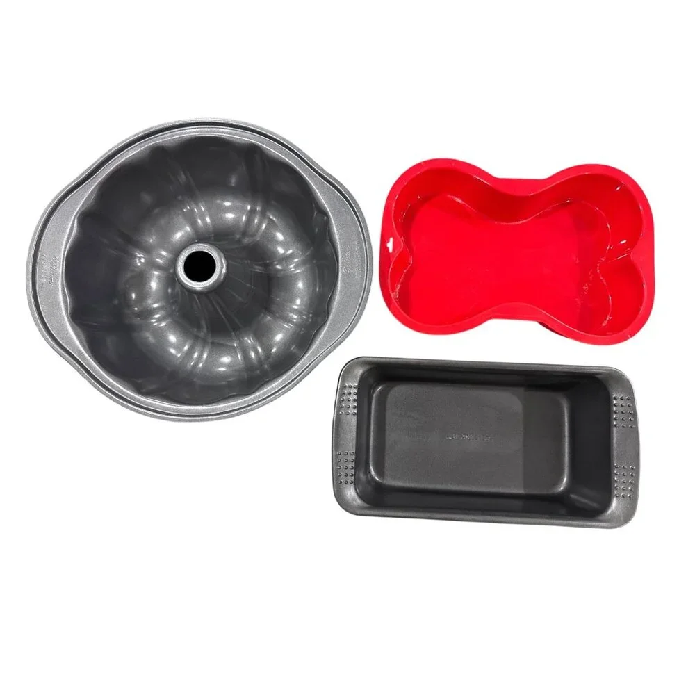 Set Of 3 Bakeware Pans: Dog Bone Silicone Mold Nonstick Bundt Pan & Loaf Pan